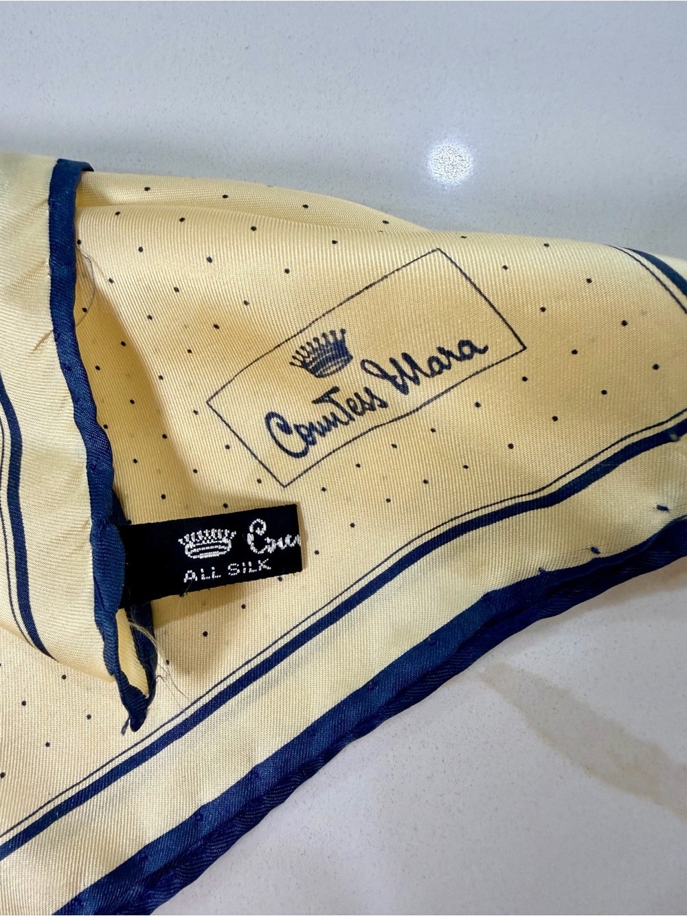 Countess Mara 100% Silk Yellow Polka Dot Pocket Square with Navy Trim - Picture 4 of 4
